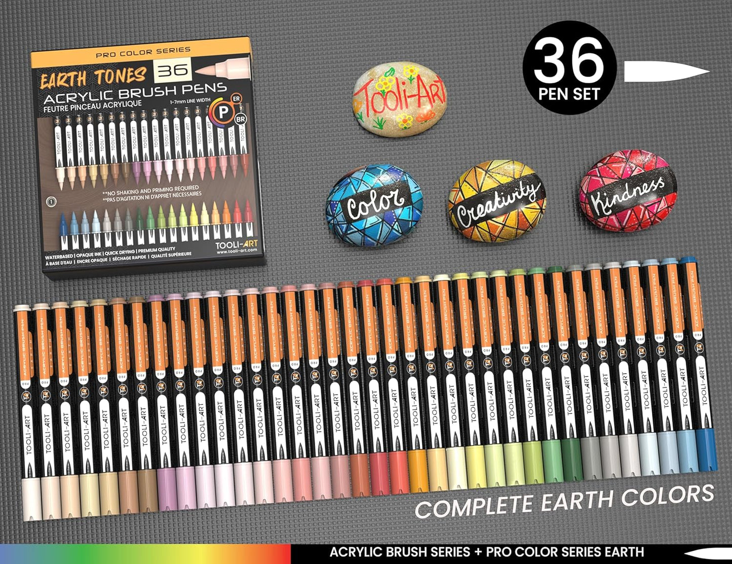 36 Flexible Brush Tip Earth Tones Acrylic Paint Pens Markers Set 1-7mm Line for Rock Painting, Brush Lettering, Glass, Mugs, Wood, Metal, Canvas, Fabric, Plastic. Non Toxic Waterbased Quick Drying