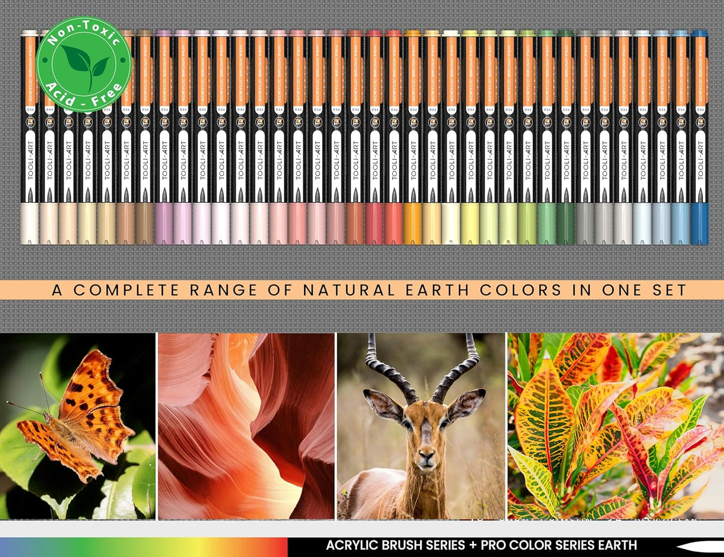 36 Flexible Brush Tip Earth Tones Acrylic Paint Pens Markers Set 1-7mm Line for Rock Painting, Brush Lettering, Glass, Mugs, Wood, Metal, Canvas, Fabric, Plastic. Non Toxic Waterbased Quick Drying