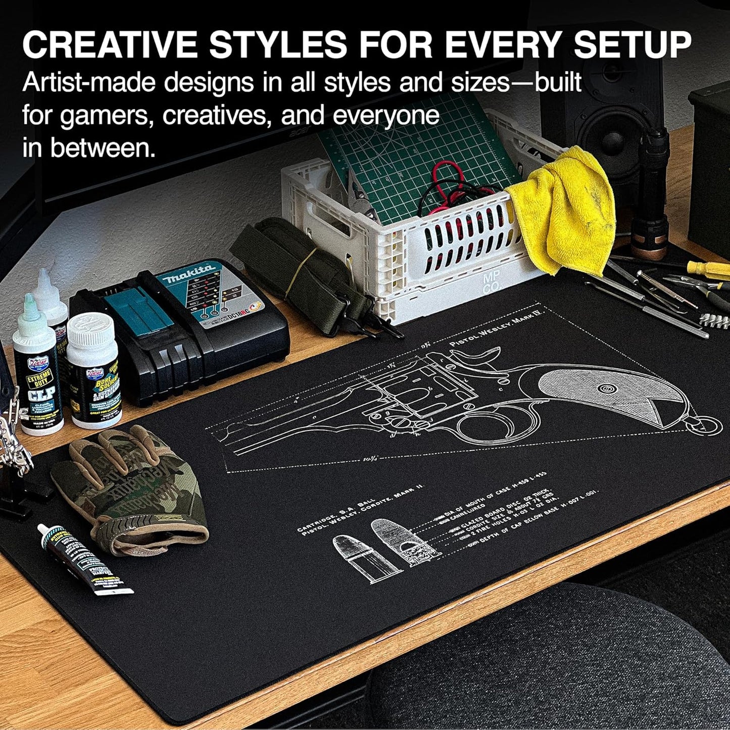 MPCO. Blueprints Large Gaming Desk Pad - 36" x 17" Aeroglyde Fabric Pistol Webly Mark IV – Black Desk Mats - Non-Slip, Washable, Smooth Glide for Precision Gaming & Work