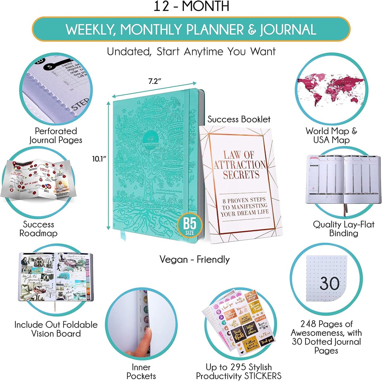 Hourly Planner – Undated Weekly & Monthly Goal Setting Planner, 12-Month to Increase Productivity | Life & Gratitude Journal, Include Foldable Vision Board, Gift Box & Stickers