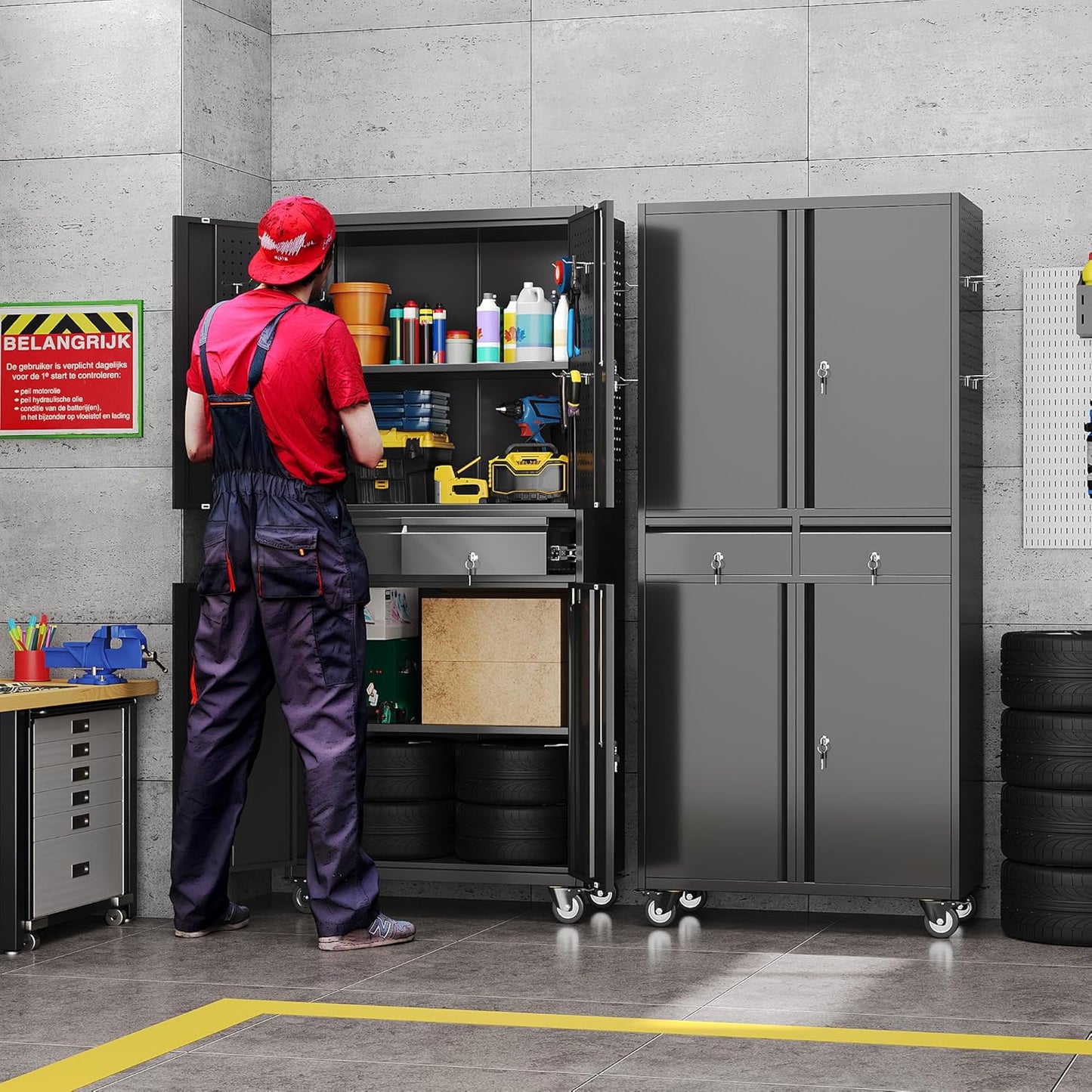 Garage Storage Cabinet with Wheels, Metal Storage Cabinet with 2 Drawers and 2 Adjustable Shelves, Metal Lockers with Pegboards for Homes, Offices, Kitchens, Schools and Pantries