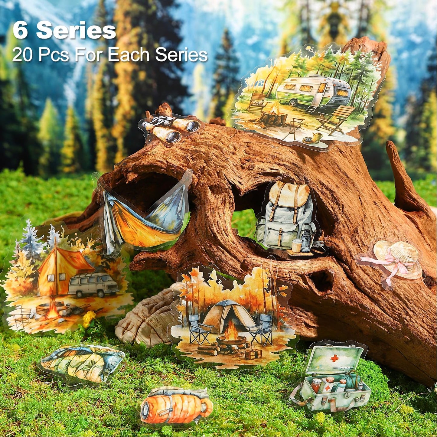 Forest Journey Camping PET Stickers, 120 Pcs Outdoor Adventure Ephemera for Scrapbooking, Journaling, DIY Crafting, and Art Supplies