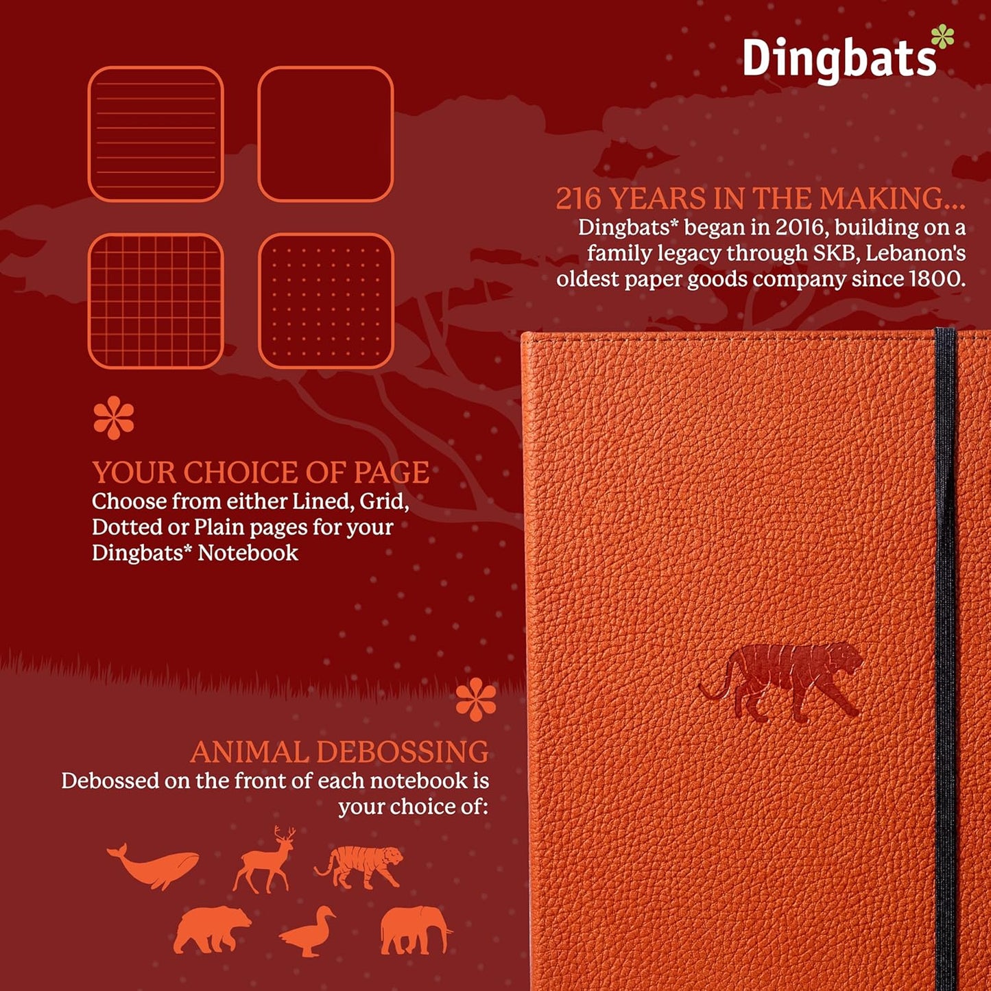 Dingbats* Wildlife Plain Writing Journal Notebook A5 - Vegan Leather Hardcover - Ideal for Work, Travel - Pocket, Elastic Closure, & Bookmark