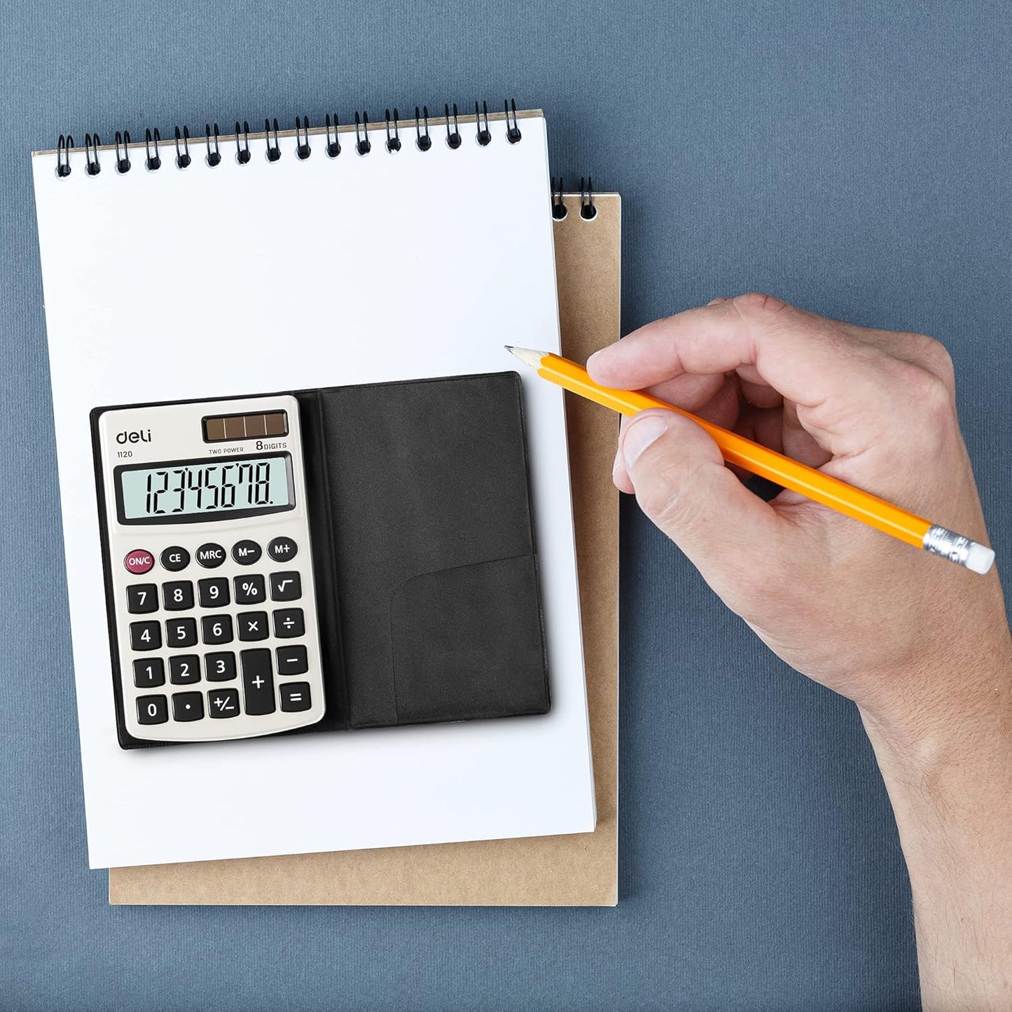 Calculator, Deli Standard Function Basic Calculators, Solar Battery Dual Power Office Calculator with Cover, Metal Panel, 2 Pack