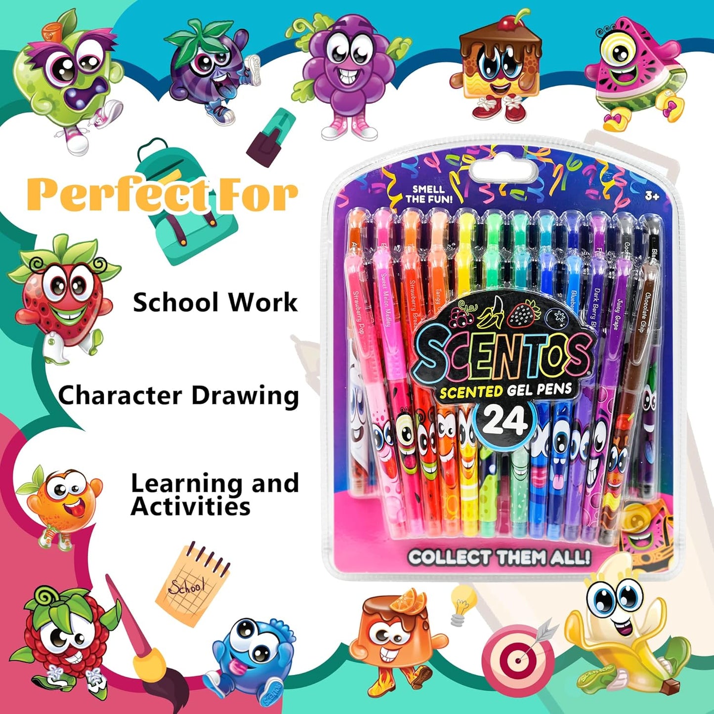 Scentos Scented Gel Pens Set – 24 Pack Neon Colors – Fine Tip Pens for Kids & Adults – Fruity Scents – Fun Art Supplies for Drawing, Coloring, Scrapbooking, Journaling & School