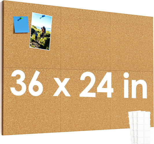 MaxGear Large Cork Board for Wall 36" x 24", 6 Pack Cork Board Tiles with 20 Pushpins & Safe Removable Adhesive Tabs, 12" x 12" Corkboards for Office, School & Home