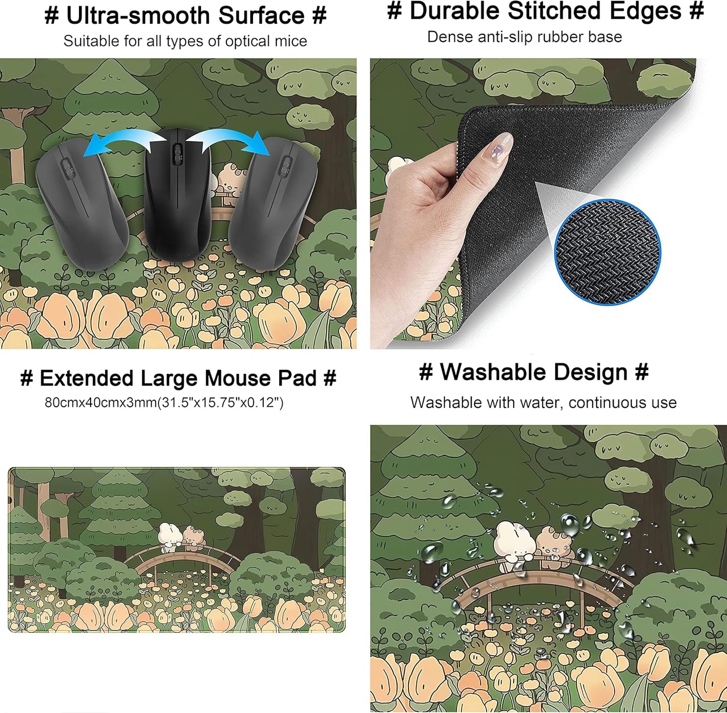 Anime Forest Desk Mat,Cute Green Mouse Pad,Kawaii Aesthetic Full Desktop Pad XXL Gaming Mousemat XL, Extended Korean Animals Bear Bunny Keyboard Mat Large 31.5x15.7 Inch Non-Slip&Stitched Edges