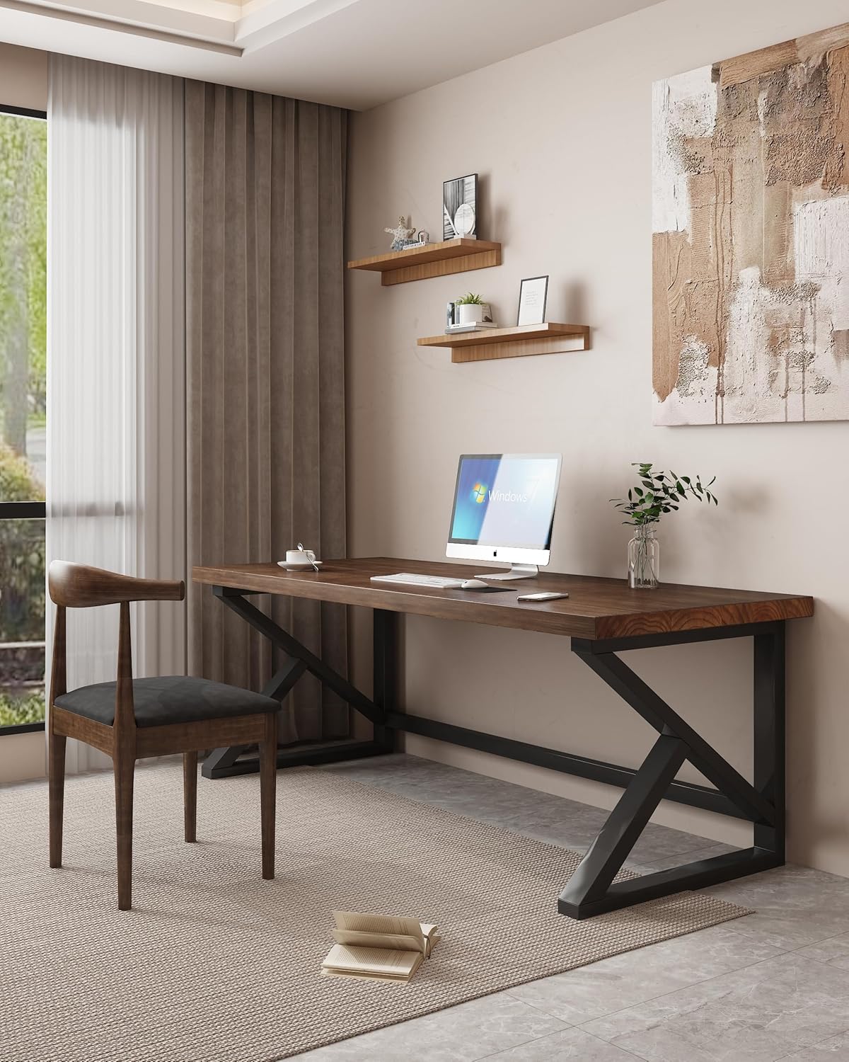 Solid Wood Computer Desk,Rustic Style 55-inch Large Office Desk- Modern Gaming Working for Home Office, Modern Simple Design, Ideal for Study, Writing, Dining