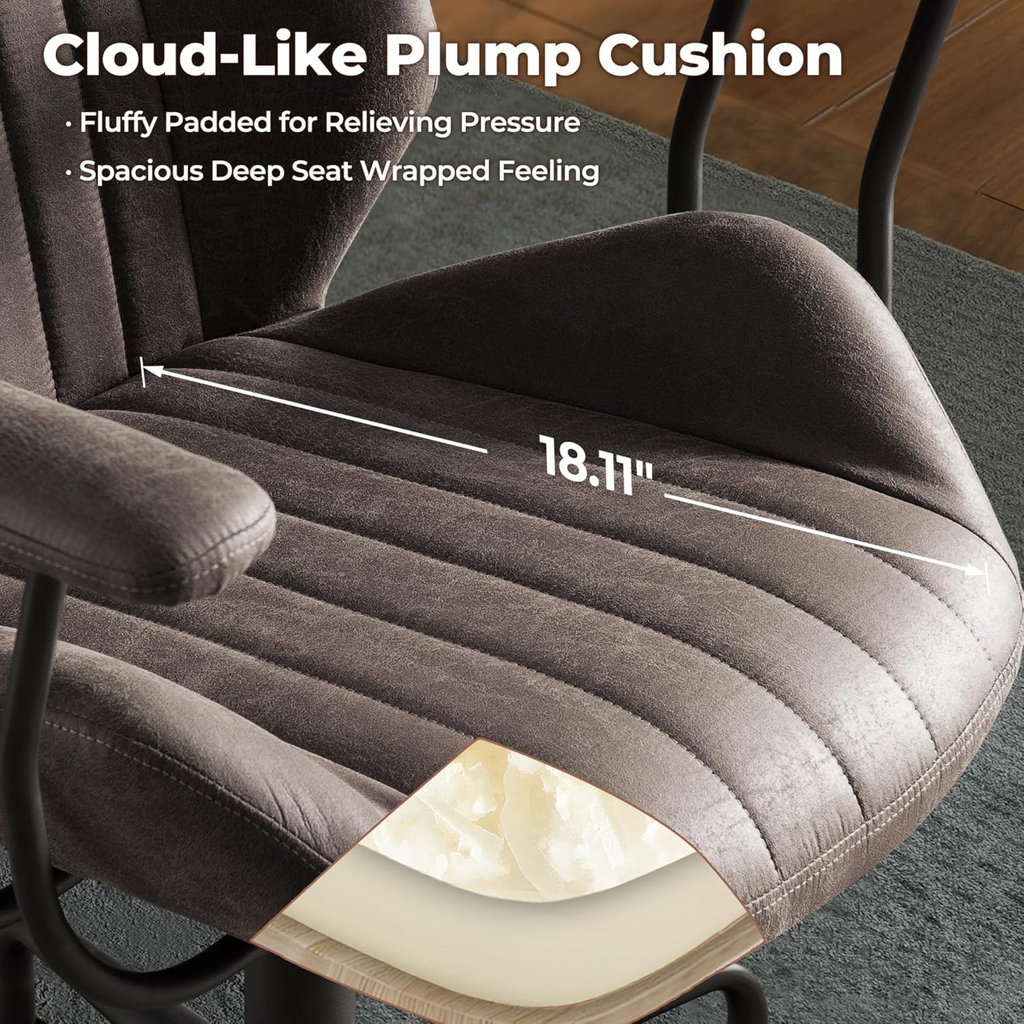 ovios Ergonomic Home Office Chair, Mid-Century Modern Faux Leather Chairs with Padded Armrests, Comfy Mid Back Swivel Rolling Executive Computer Armchair (Dark Grey, Suede Leather)