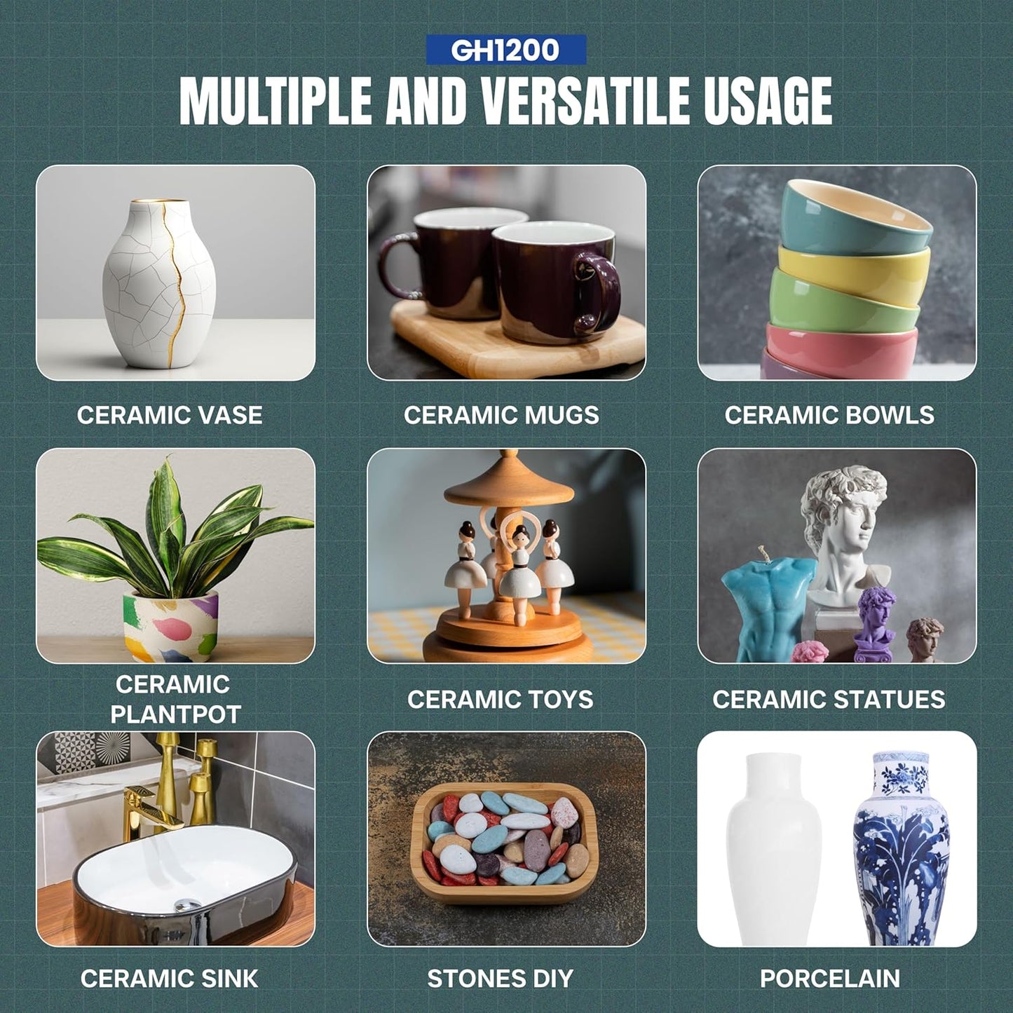 GH1200 Ceramic Glue Repair with Brush Applicator & Nozzle (20 g), Waterproof, Clear, Smooth. Fast Drying, Ceramic Glue for Pottery, Dishes, Mugs & More