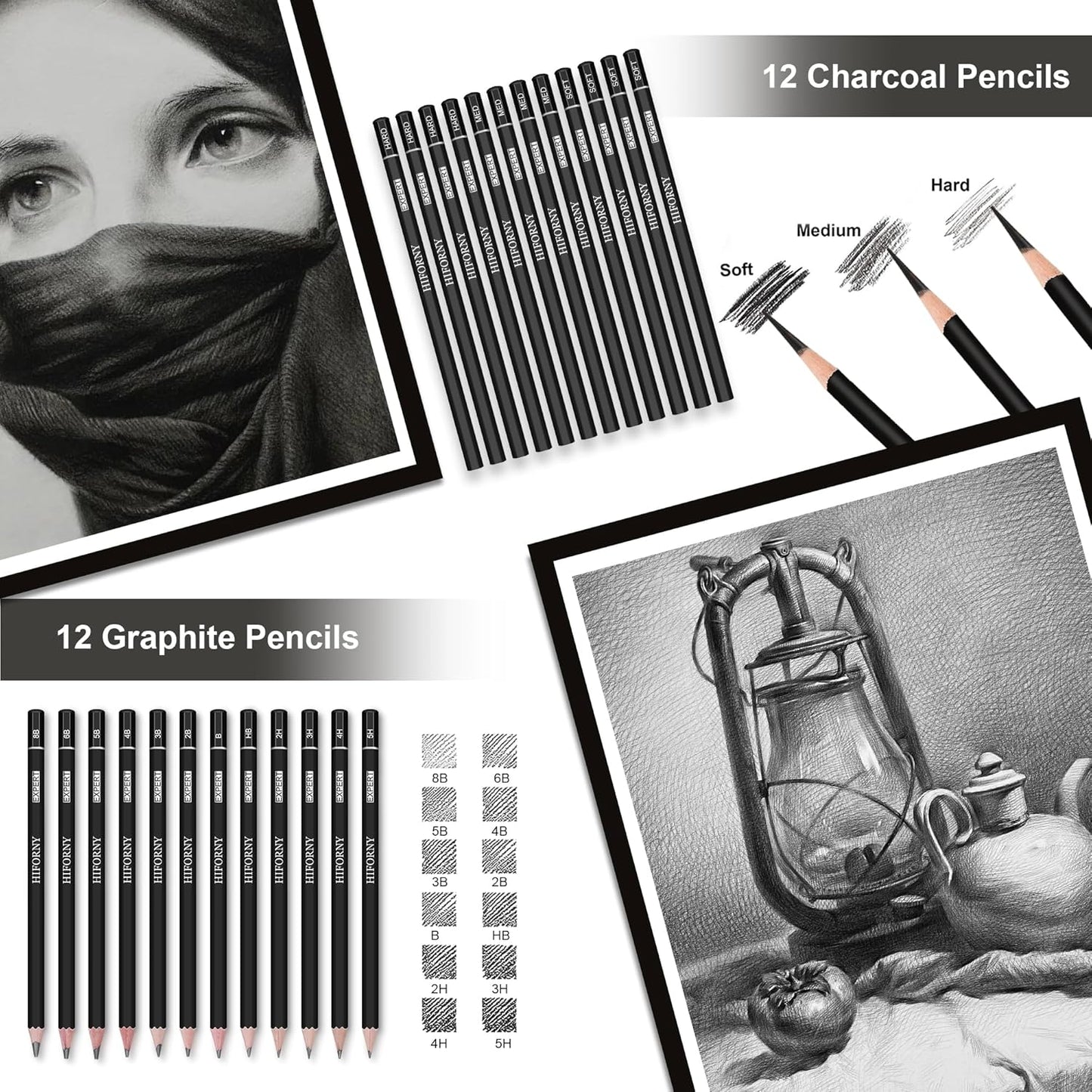 HIFORNY 176 PCS Art Supplies Drawing Set Sketching Kit with 100 Sheets 3-Color Sketchbook,Graphite Colored Charcoal Watercolor & Metallic Pencils,Blending Tools and More, for Beginner Artists