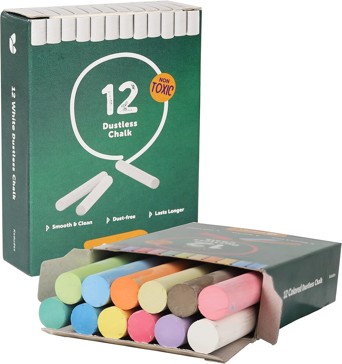kedudes Chalk for Kids - 24 Pack Colored Chalks for Chalkboard - 12 Pack of Dustless White Chalks and 12 Pack of Assorted Colors - Chalk for Kids and Toddlers - 2 Boxes, White and Multicolor