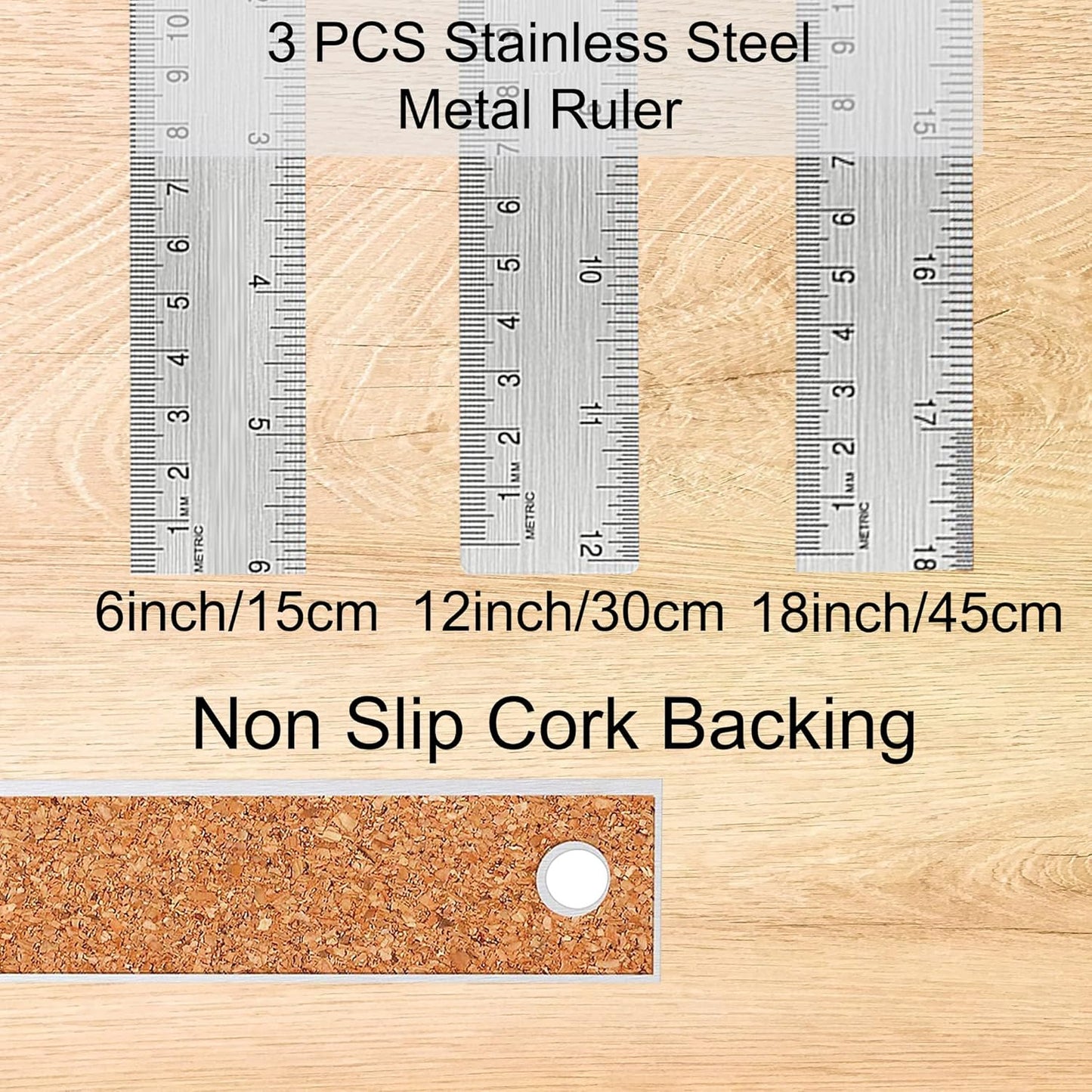 Metal Ruler Set [6+12+18 Inch] – Stainless Steel Rulers with Cork Backing, Non-Slip Measuring Tools with Inch & Centimeter Markings, Drafting and Office Use, Prevents Ink Leakage