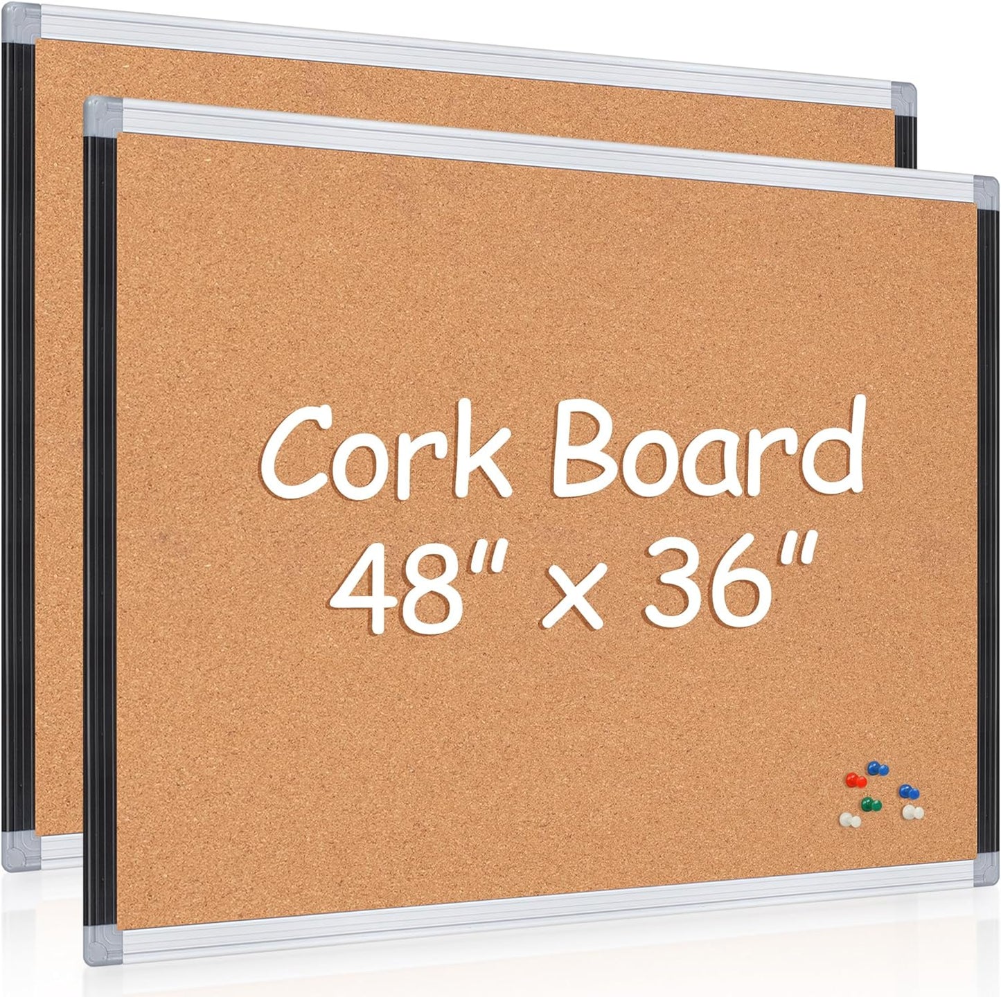 Board2by 2 Pack Cork Bulletin Board 36" x 48", Black/Sliver Aluminium Framed Corkboard, Office Board for Wall Decor, Large Wall Mounted Notice Pin Board with 36 Push Pins for School, Home & Office