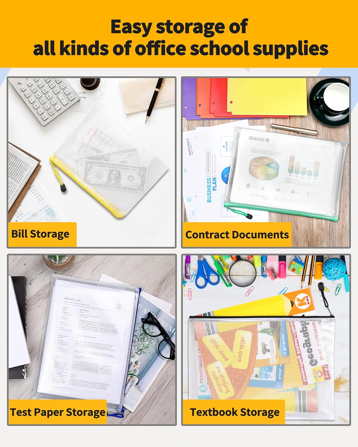 SUNEE Plastic Mesh Zipper Pouch 6x9 in (9 Colors, 18 Packs),Extra Large Water-Resistant Zip Bag for School Office Supplies, Puzzles & Games Organizing Storage