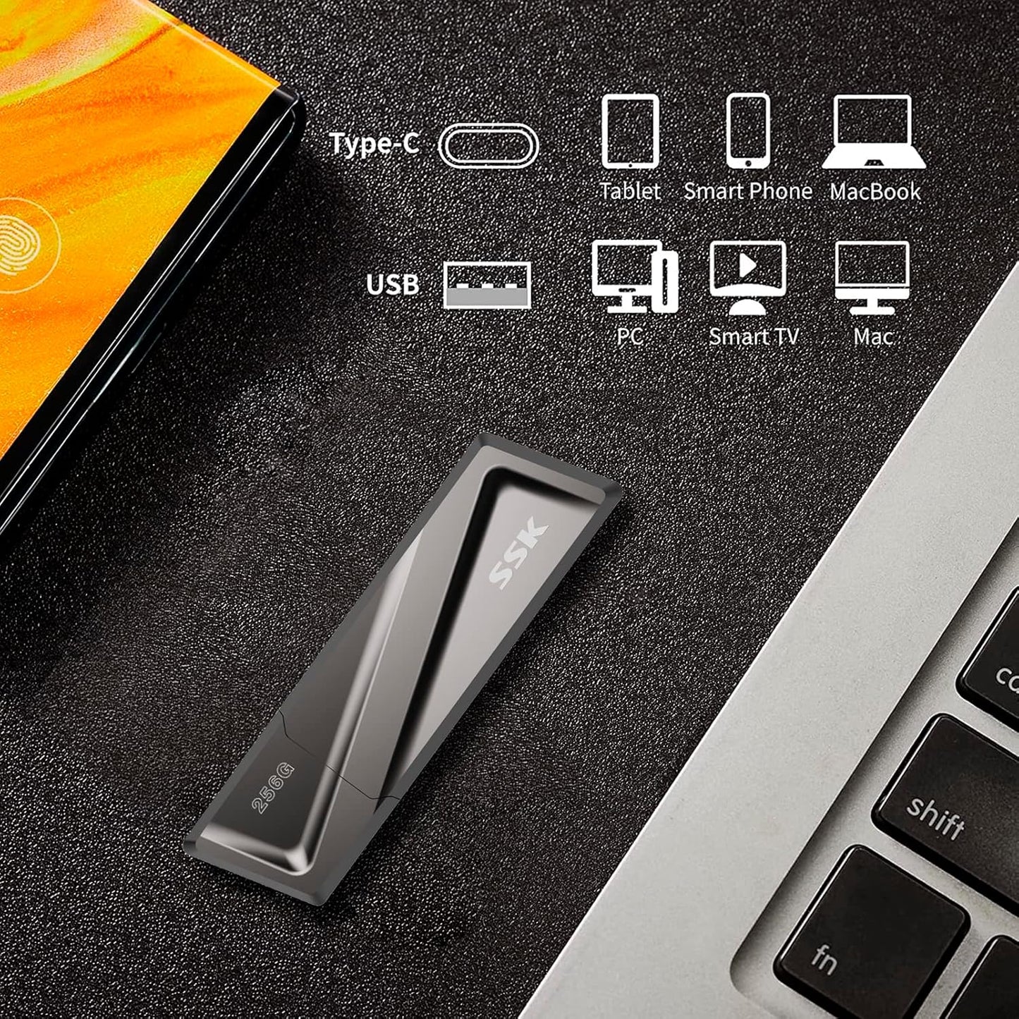 SSK 256GB USB Flash Drive 550MB/s USB 3.2 Gen2 USB Thumb Drive Fast Transfer Speed Externel Solid State Drive +USB C Adapter USB C Memory Stick for Type C Smartphone,MacBook/Pro/Air Laptop and More