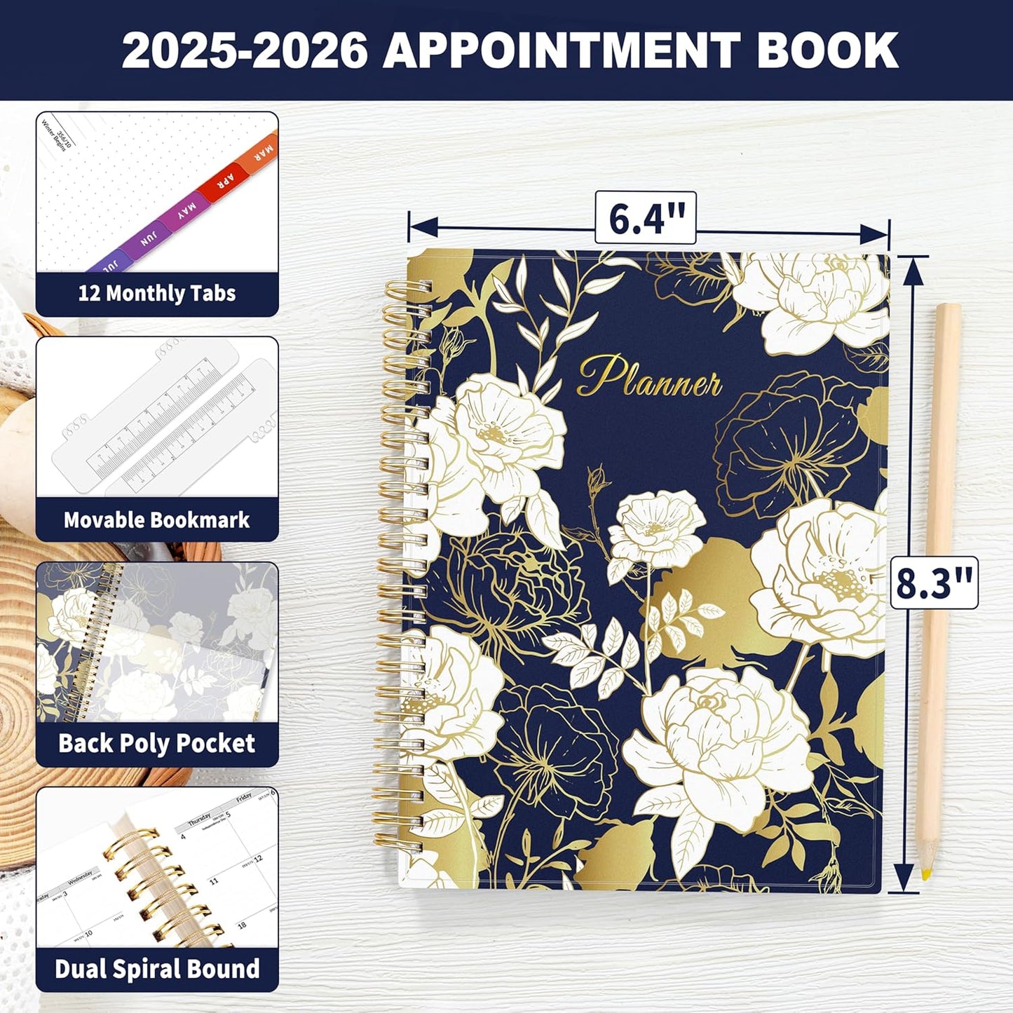 SUNEE 2025-2026 Appointment Book, Quarter-Hourly, Weekly & Monthly - from July 2025 to June 2026, 6.4"x8.3" Academic Planner, Flexible Cover, Note Pages, Pockets, Bookmark, Spiral Binding, Vintage