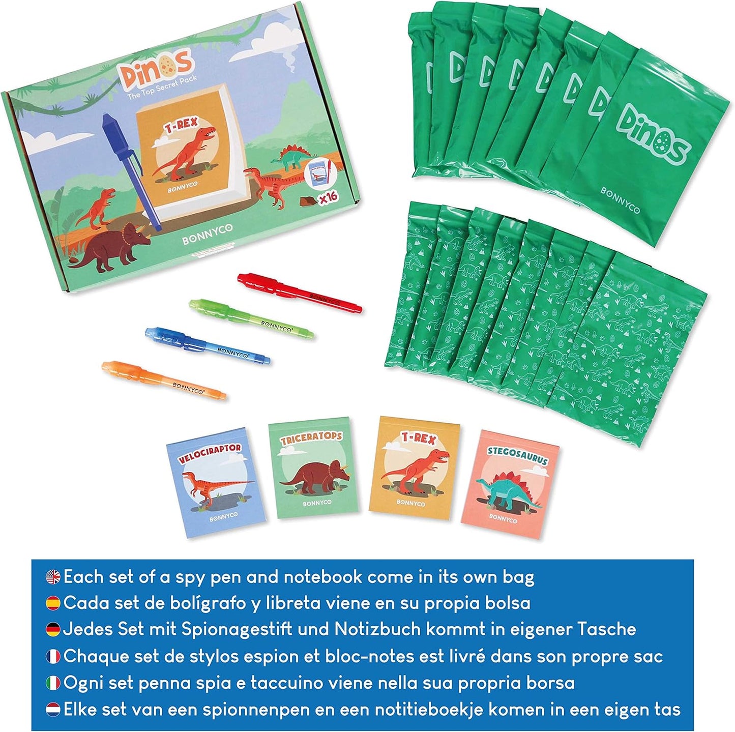 BONNYCO Invisible Ink Pen and Notebook Pack 16 Dinosaur Party Favors for Kids, Magic Spy Pen Goodie Bags Stuffers for Kids, Dinosaur Birthday Party Supplies, Goody Bag Stuffers Return Gifts Prizes