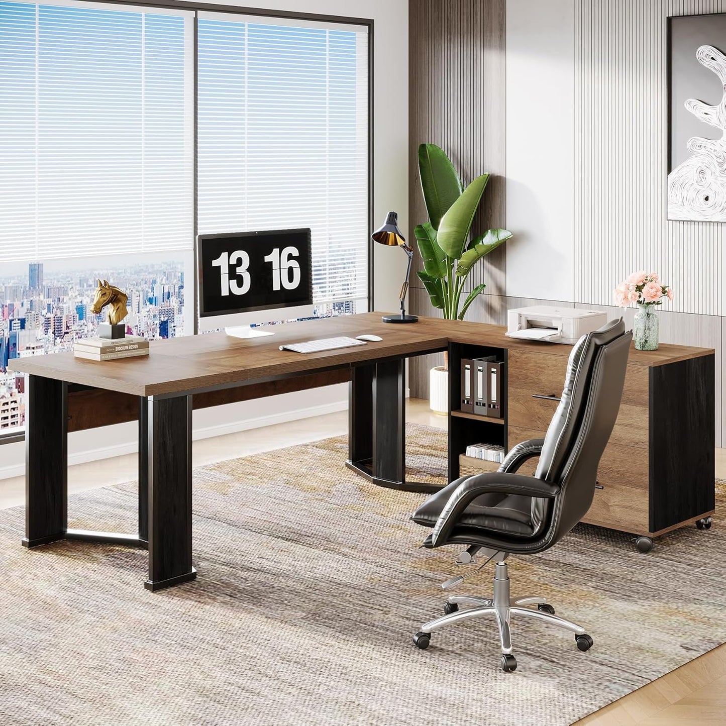 Tribesigns 70.86" Executive Desk with Mobile File Cabinet, Large L Shaped Computer Office Desk with 2 Drawers and Storage Shelves, Business Furniture Desk Workstation for Home Office (Light Brown)