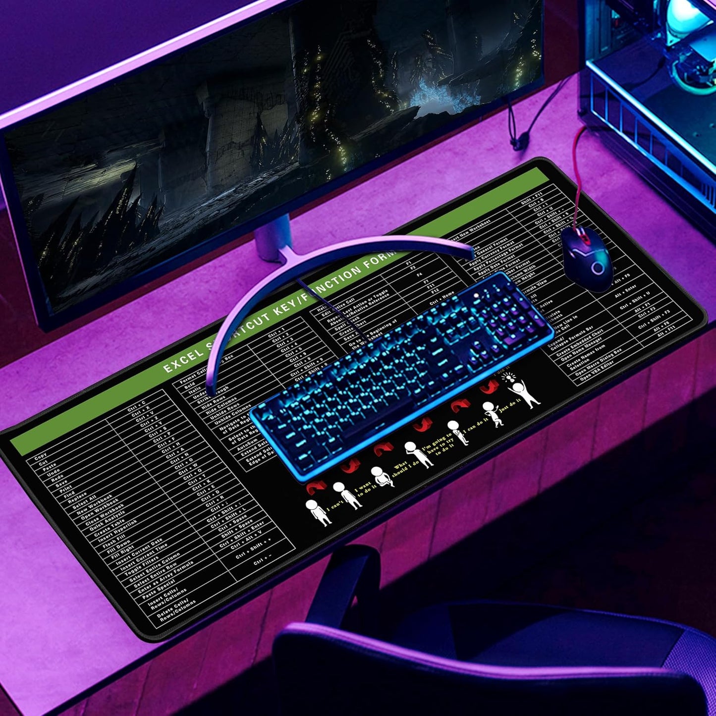 Excel Cheat Sheet Desk Pad Excel Shortcut Keys Mouse Pad Gaming Mouse Pad Desk Accessories Waterproof Non-Slip Large Computer Mat, 31.5x11.8 in (Excel Cheat Sheet)