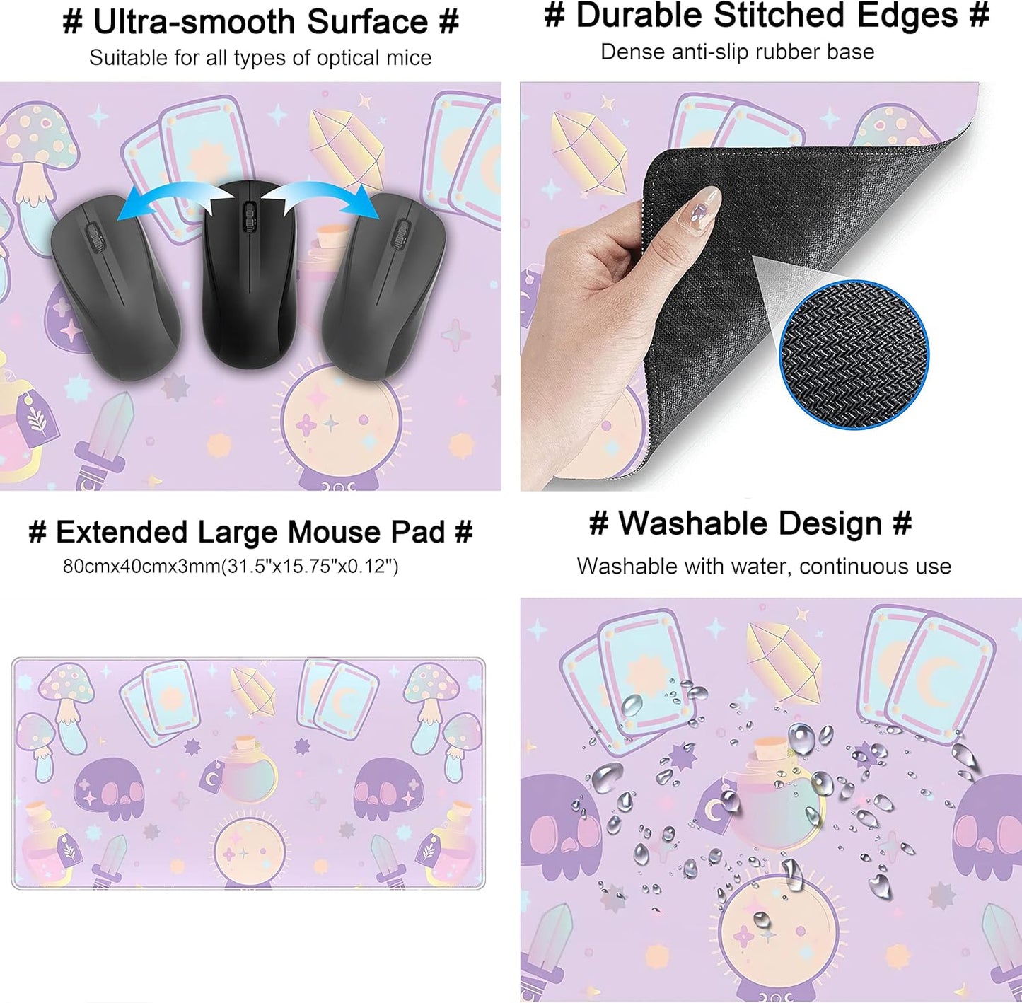 Kawaii Purple Desk Mat,Cute Witchy Elements Mouse Pad, Desk Pad Mystical Goth,XXL Gamig Desktop Mat,Extended Keyboard Mousepad Large for Computer Laptop,Girl Gamer Desk Decor 31.5''x15.7''
