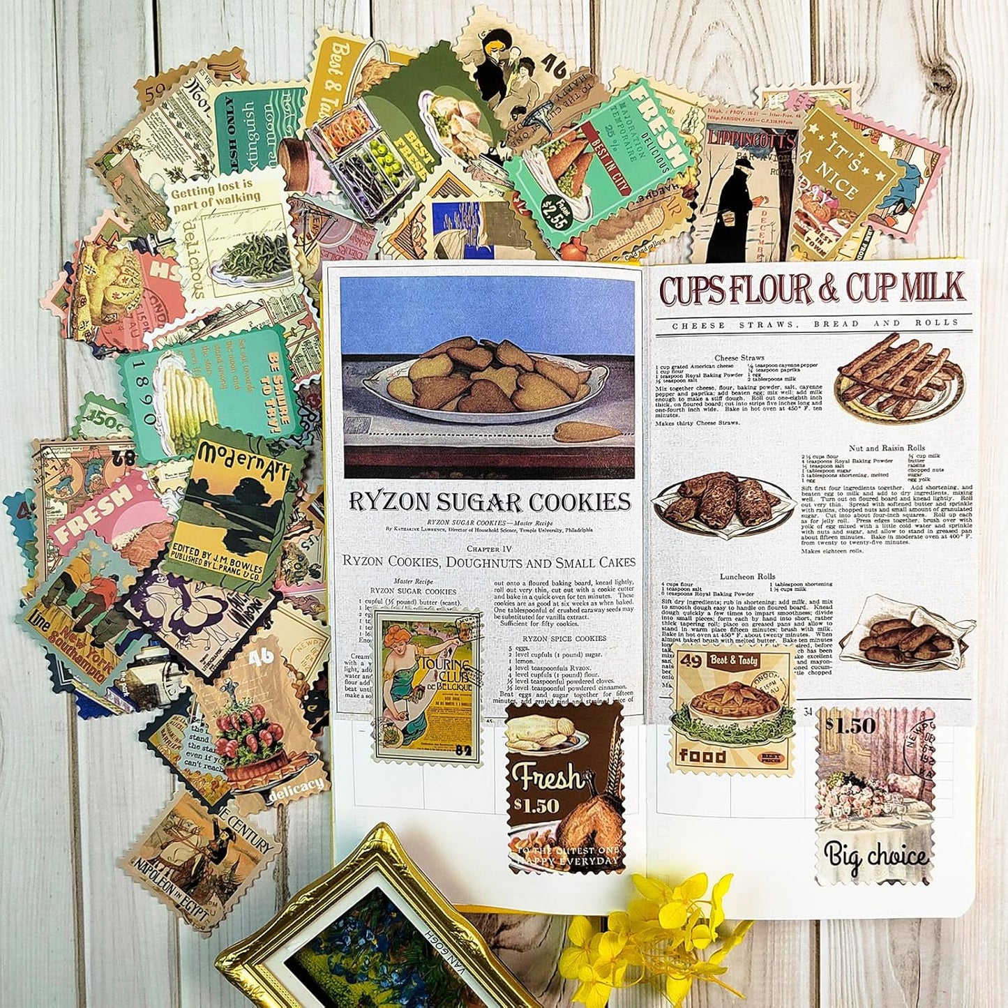 Prstincol 100 Pcs Scrapbooking Stickers,Food Stickers for Scrapbooking,Vintage Stamp Sticker for Journaling,Retro Poster Sticker for Water Bottle Laptop Phones Bullet Journal