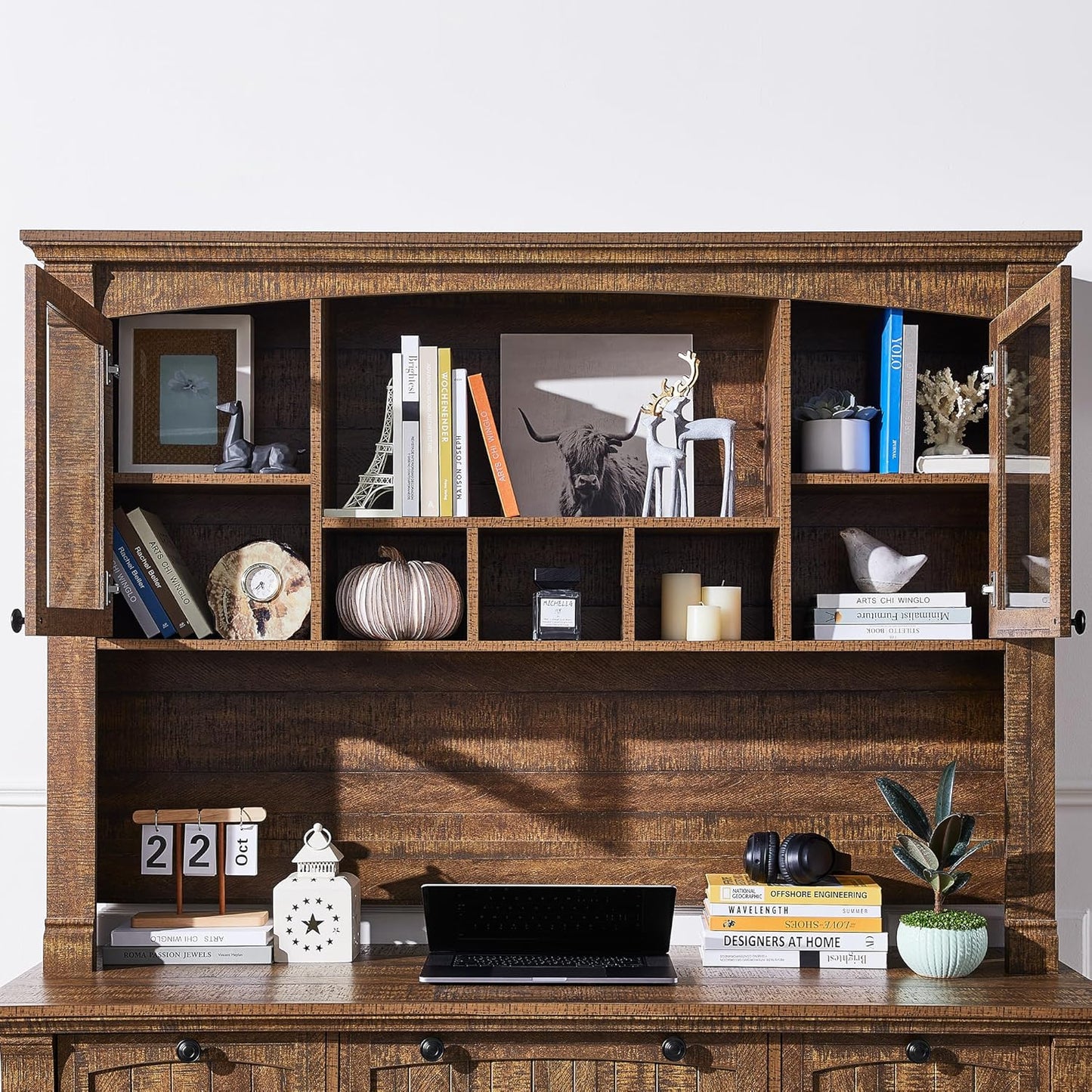 OKD 60" Executive Desk with Hutch and Drawers, Farmhouse Home Office Desk with Charging Station, Keyboard Tray, File Cabinet Storage, Wood Computer Desk for Work and Study, Reclaimed Barnwood
