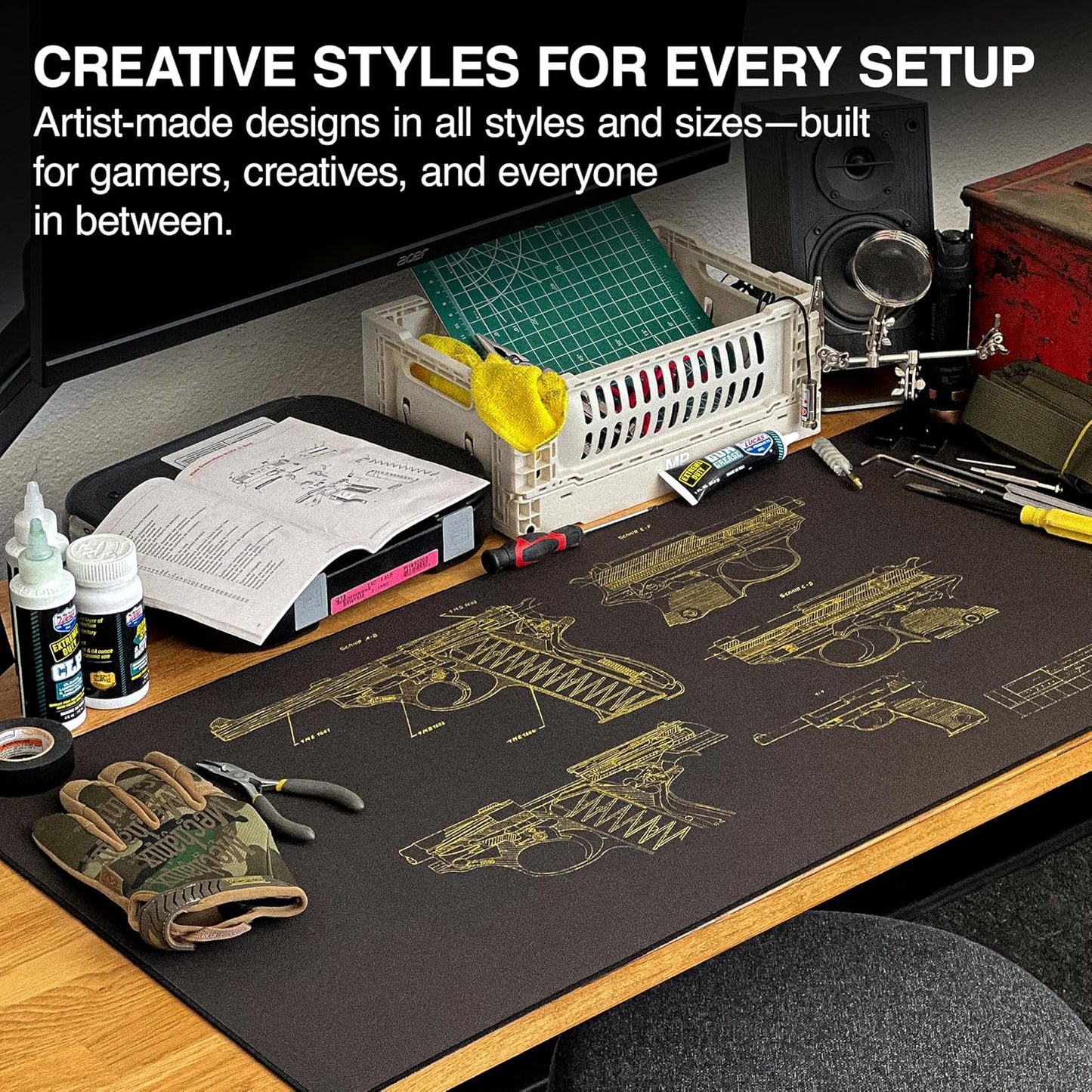 MPCO. Blueprints Large Gaming Desk Pad - 36" x 17" Aeroglyde Fabric Pistol 38 – Black/Yellow Desk Mats - Non-Slip, Washable, Smooth Glide for Precision Gaming & Work