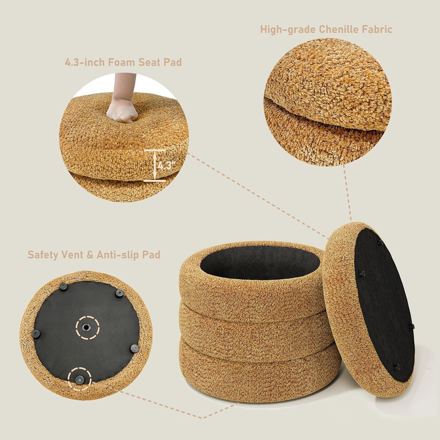 Storage Ottoman, Round Ottoman with Storage, Vanity Stool Foot Rest with Removable Lid, Round Boucle Upholstered for Living Room Pouf Footstool