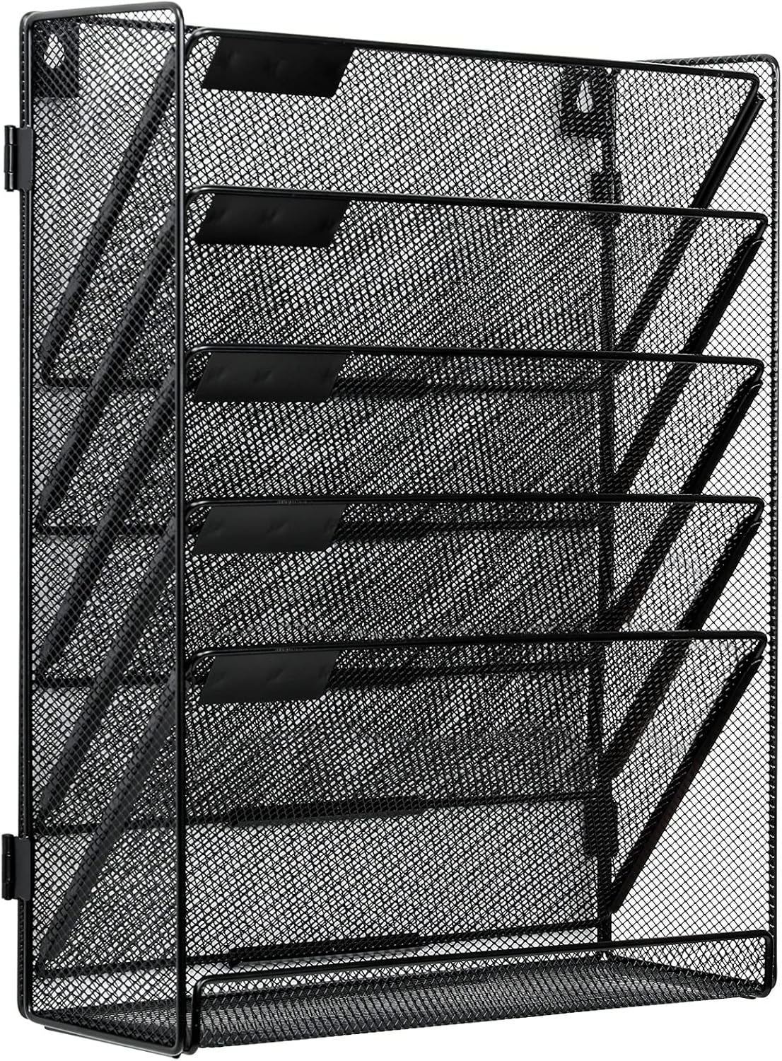 EasyPAG 6 Tier Wall File Holder with Flat Tray, Black | Easy Assemble Mesh Desk File Organizer | 5-Folder Paper Storage | Replaceable Classify Labels | Space Saving Mail Organizer for Office Home