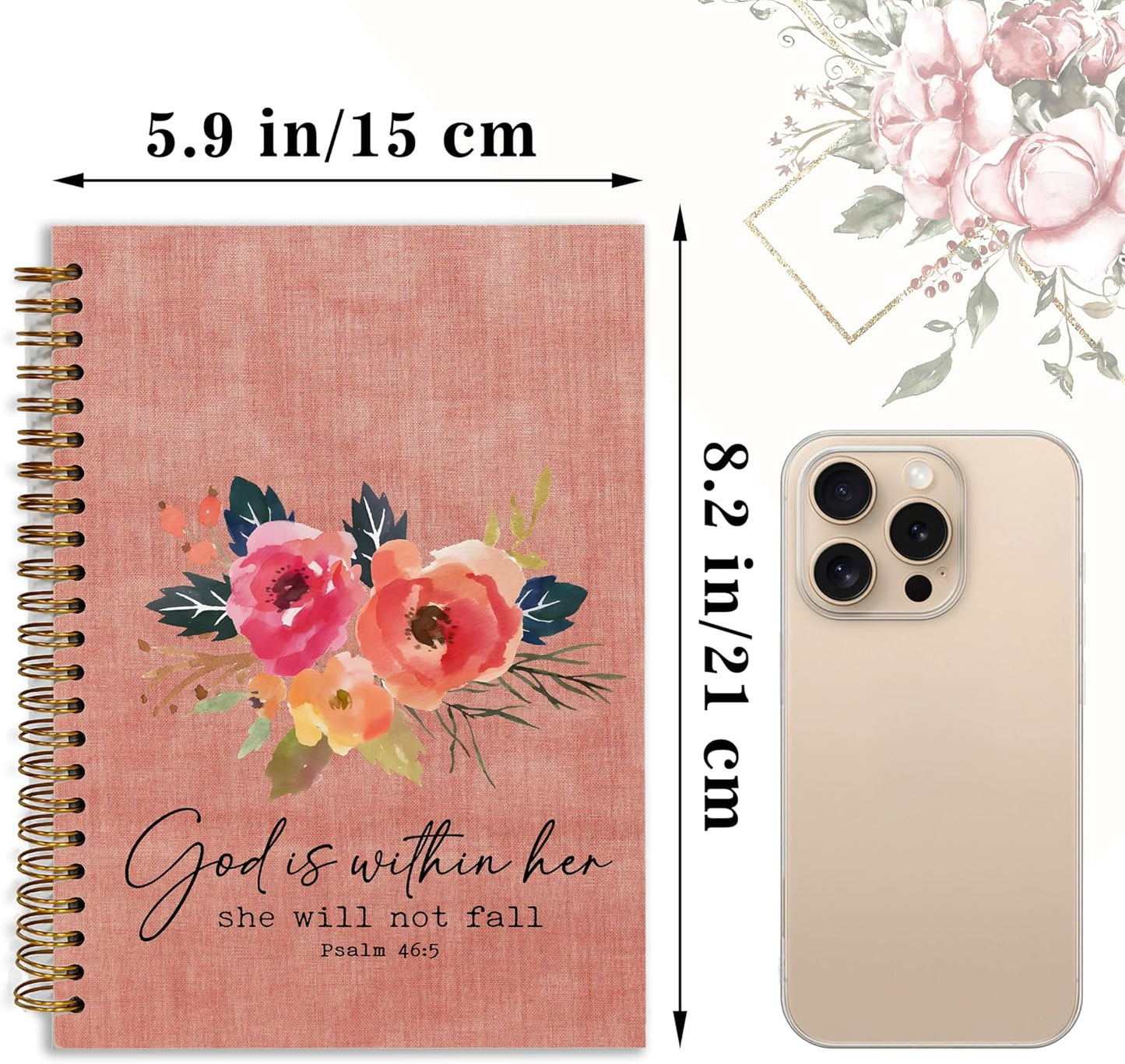 Bible Notebook, A5 Spiral Christian Journal Pink Floral Notebook, Bible Verse-God is Within Her She Will Not Fall, Inspirational Notebooks for Women, Bible Study, Gift for Birthday Christmas