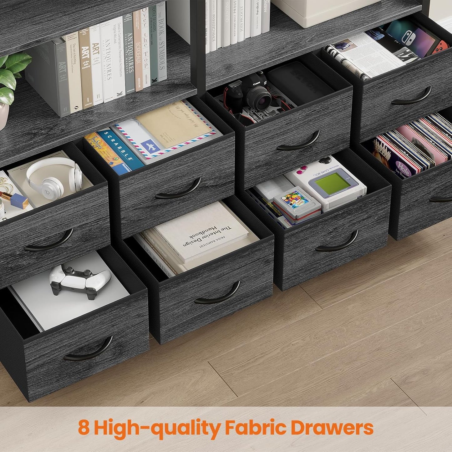 Bookshelf with 8 Fabric Drawers, 7-Tier Bookcase with Baffles Display Shelves, Industrial Large Book Shelf for Living Room Home Office, Grey