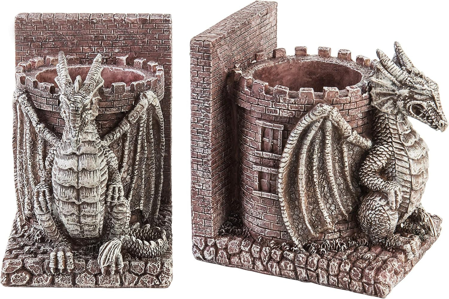 MyGift Dragon Guard Castle Resin Decorative Bookends for Heavy Books with Pencil Holders, Fantasy Themed Book Holder for Home and Office