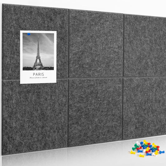 AKTOP Cork Board Bulletin Board 24"x36", 6 Pack Removable Felt Cork Board Tiles for Wall, Large Corkboard Notice Pin Board for Office, School & Home,24 Safe Adhesive Tabs, 20 Push Pins, Dark Grey