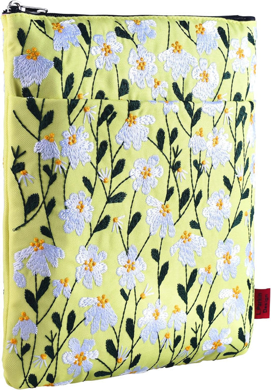 LParkin Daisy Flower Embroidery Book Sleeve with Zipper for Readers Protector Cover Gift for Book Lovers, 11x 8.5 Inch Washable Fabric, Daisy White(White)