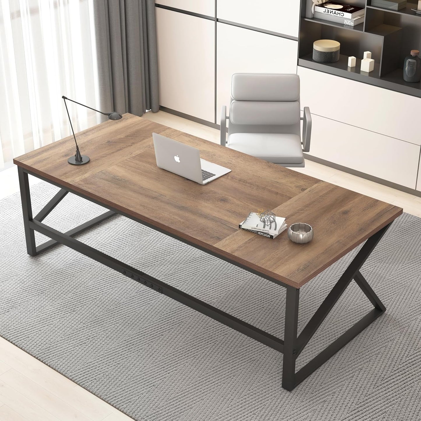 HSH Large Home Office Desk, Modern Wood Metal Computer Desk for Two Person, Extra Long Executive Writing Study Gaming Double Desk Workstation, 70 Inch Rustic Bedroom Living Room Table for 2 Monitors