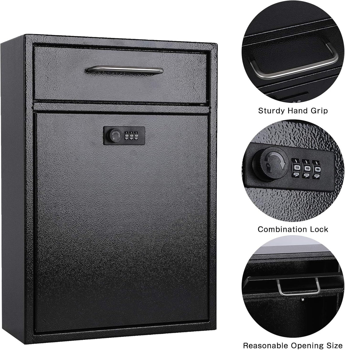xydled Wall Mount Mailboxes with Combination Lock, Wall Mail Box for Outside, Locking Mailbox with Lock, Hanging Secured Postbox, Security Key Drop Box, 17.6H x 12.2L x 5.7W Inches, Black, XL Large