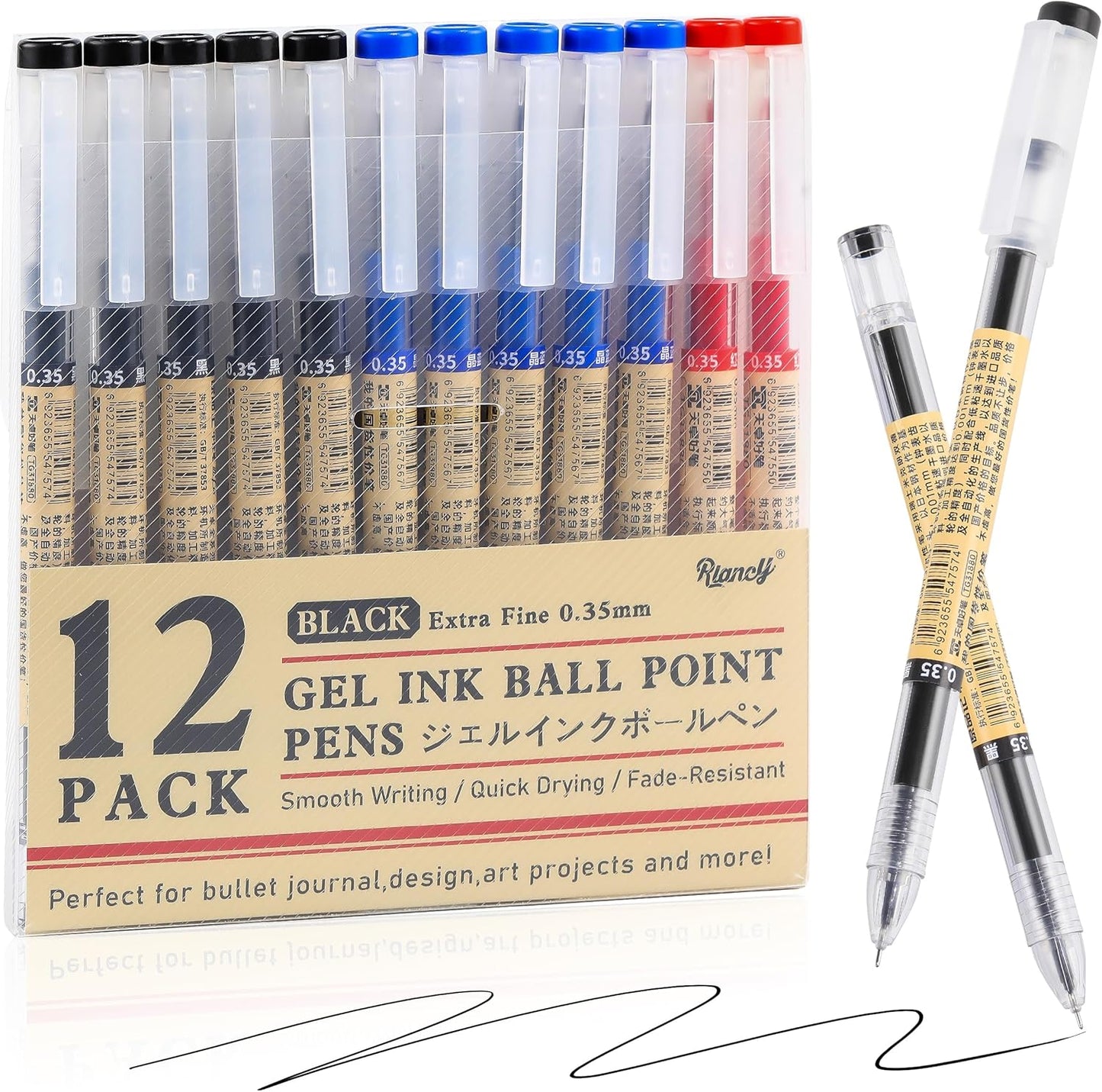 RIANCY Black Blue Red Gel Ink Pens, 0.35mm Extra Fine Point Smooth Writing Rollerball Pens, Japanese Style No Smudge Ballpoint Pen, Quick Drying for Journaling Office School Stationery Supplies 12Pcs