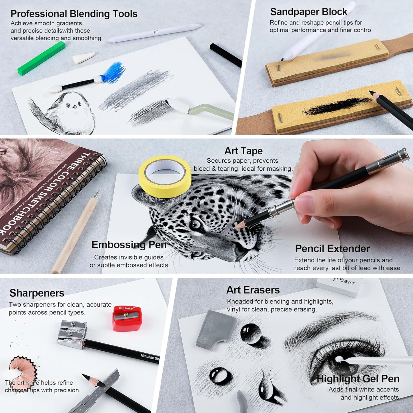 Kird Barken 112 PCS Professional Drawing Set – Sketch Kit with Graphite & Charcoal Pencils, 3-Color Sketchbook, Art Supplies for Shading & Blending – Ideal for Artists, Adults, Teens & Beginners