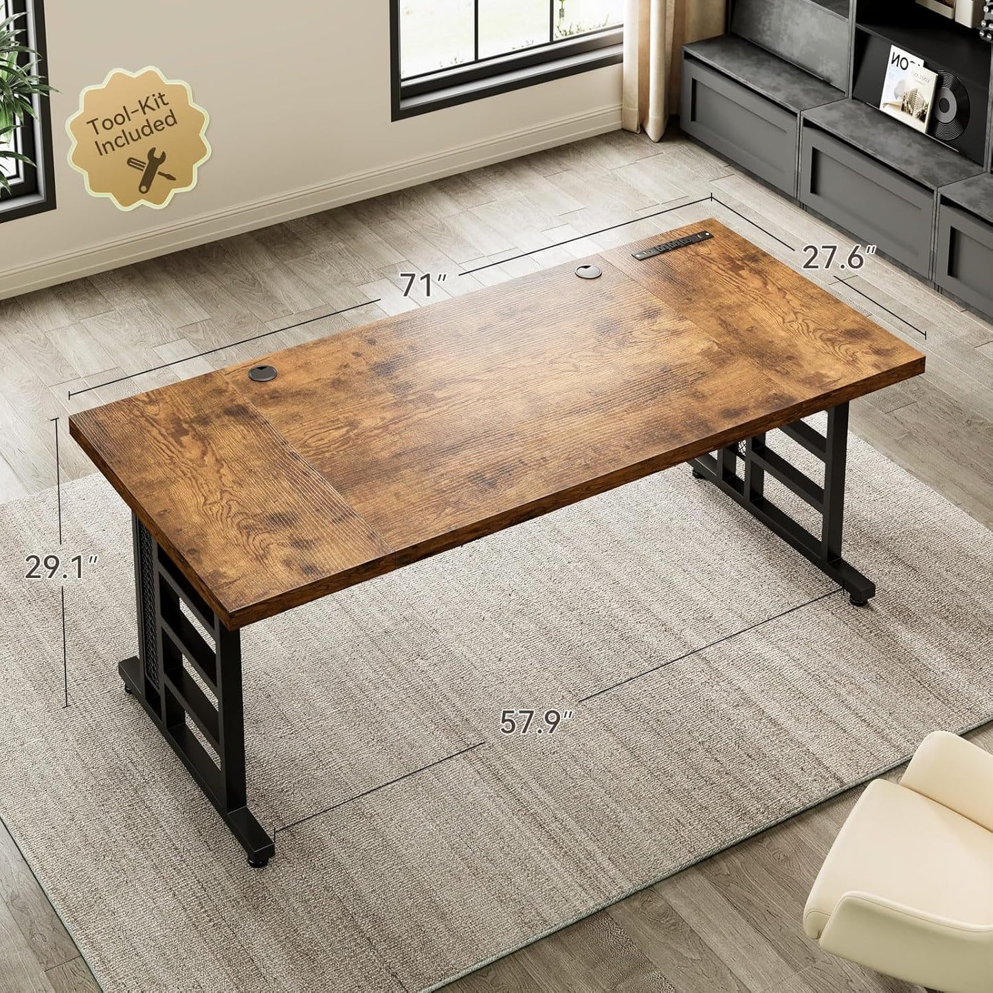 Coleshome 71 Inch Executive Desk with USB Ports, Large Computer Desk with Extra Thick, Long Mordern Office Desk, Workstation Business Furniture for Home Office, Vintage