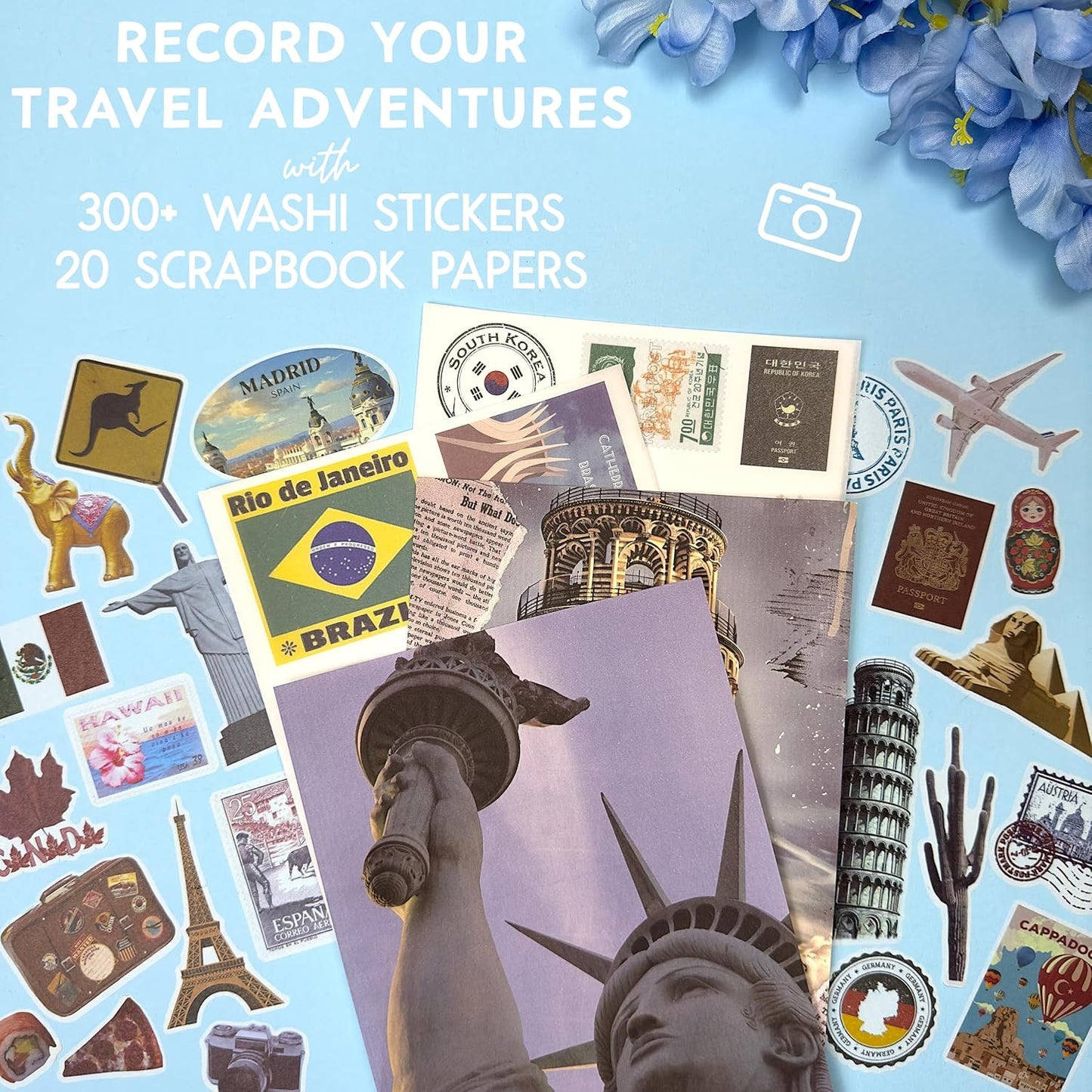 300+ Travel Stickers & 20 A5 Papers - Pre-Cut Washi Stickers for Journaling & Vintage Travel Scrapbooking