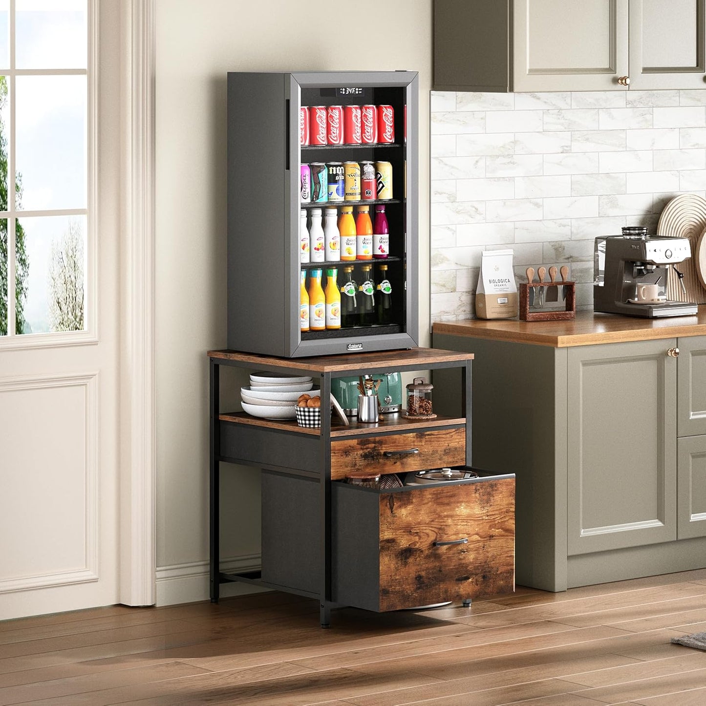 Mini Fridge Stand with 3 Storage, Mini Fridge Cabinet, Beverage Fridge Table, Heavy Duty 21.3" L* 22.7" W Tabletop, for Dorm, Apartment,Office, Bedroom Rustic Brown HB01BXN