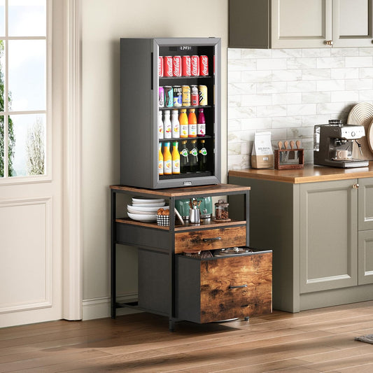 Mini Fridge Stand with 3 Storage, Mini Fridge Cabinet, Beverage Fridge Table, Heavy Duty 21.3" L* 22.7" W Tabletop, for Dorm, Apartment,Office, Bedroom Rustic Brown HB01BXN