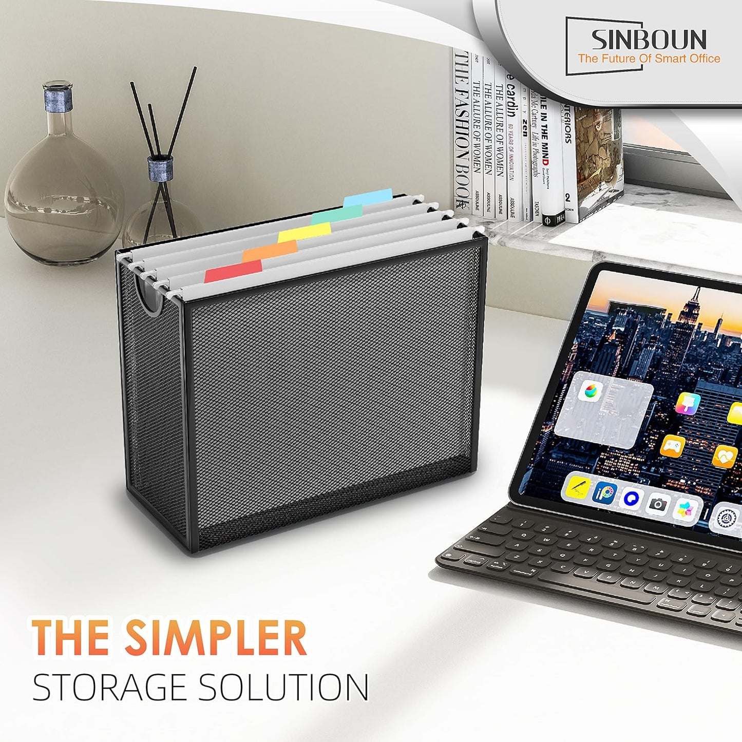 Sinboun Hanging File Organizer Letter-Size File Holder Filing Box Includes 5 Hanging Folders - Metal Mesh Magazine Letter Storage Cabinets File Cart for Office Home School, No Assembly Required