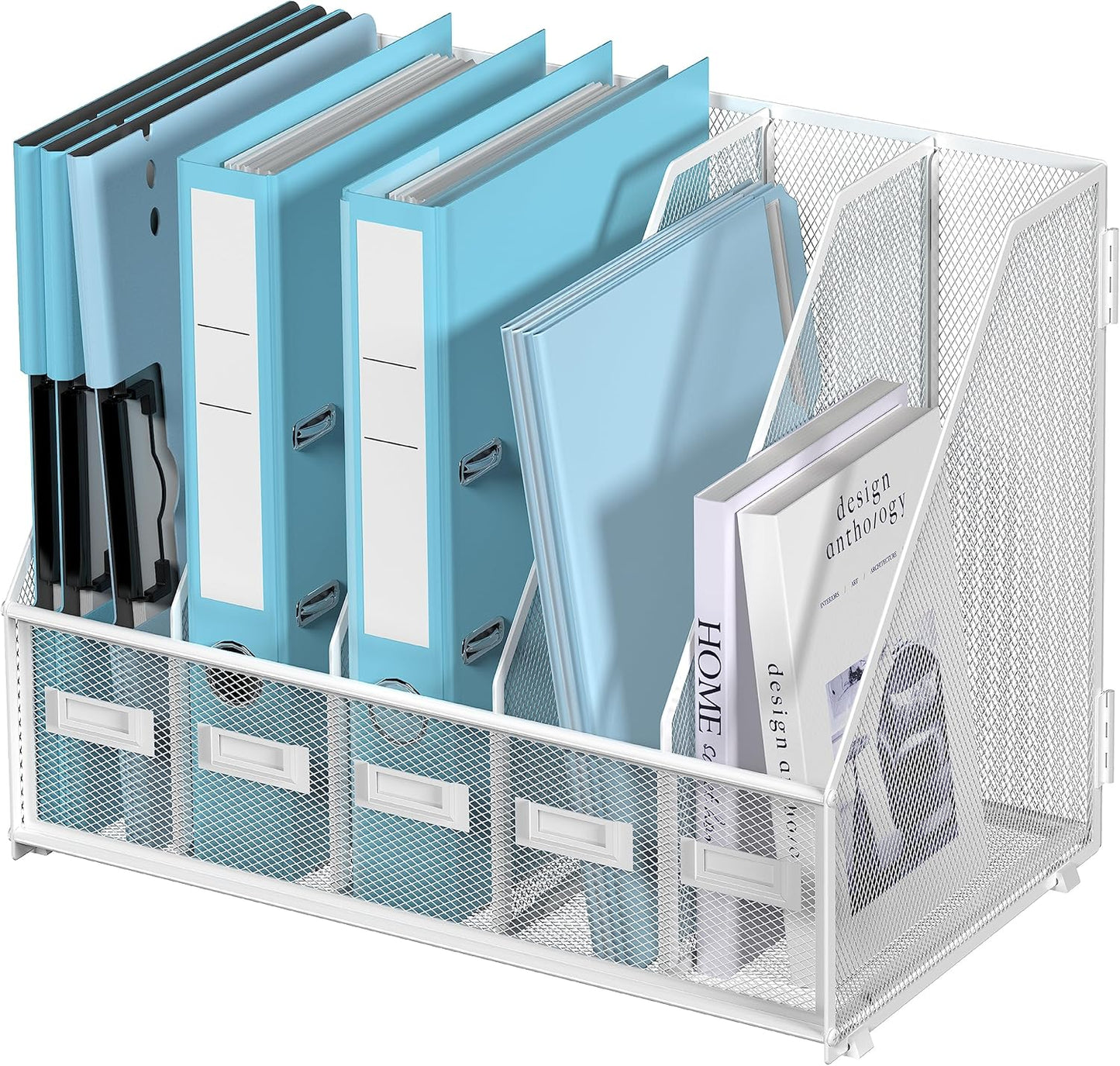 SUPEASY Desk Organizers Metal Desk Magazine File Holder with 5 Vertical Compartments Rack File Organizer for Office Desktop, Home Workspace, White Plus