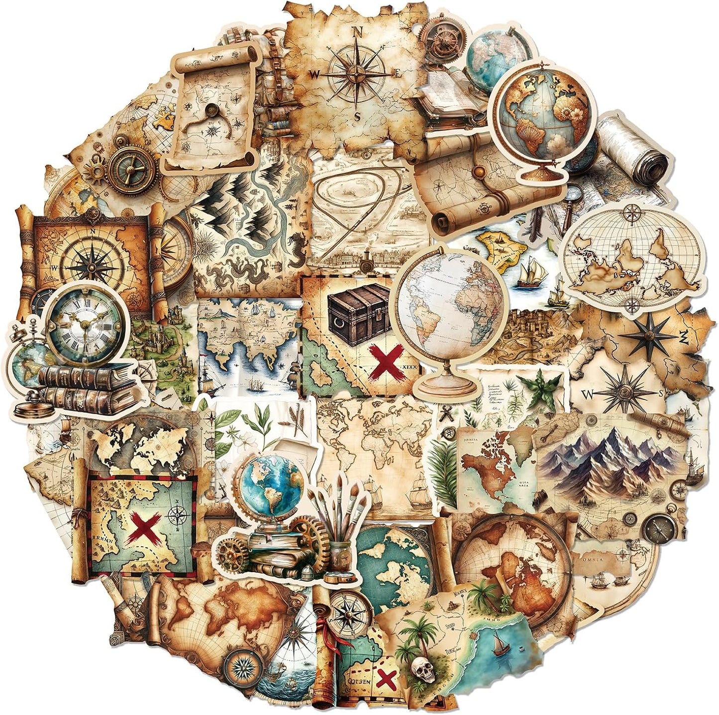 PRSTINCOL 100Pcs Vintage Sticker Pack,Cute Map Design Scrapbook Supplies, Vintage Aesthetic Junk Journal Accessories, Waterproof Vinyl Stickers for Water Bottles, Planners, Journals