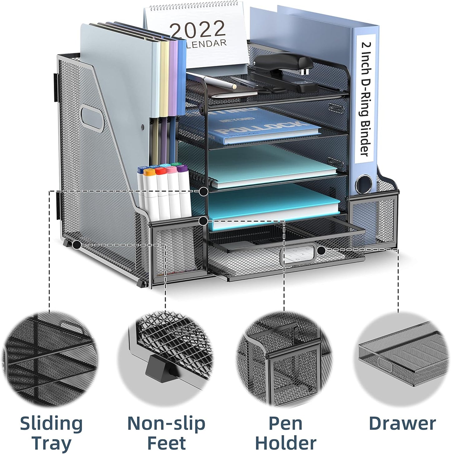 SUPEASY Mesh Desk Organizer with File Holder, 5-Tier Paper Letter Tray Organizer with Magazine Holder, Desktop Organizer and Storage with Drawer for Office Supplies Home or School, Black