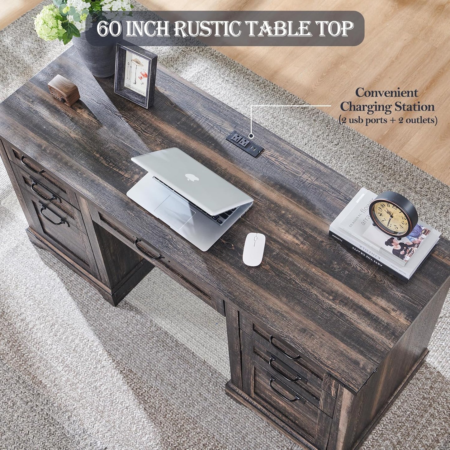RedLemon 60" Executive Desk, Farmhouse Home Office Desk with Drawers, Charging Station, Keyboard Tray, File Drawer, Storage Cabinet, Wood Rustic Computer Writing Desk (Dark Rustic Oak)