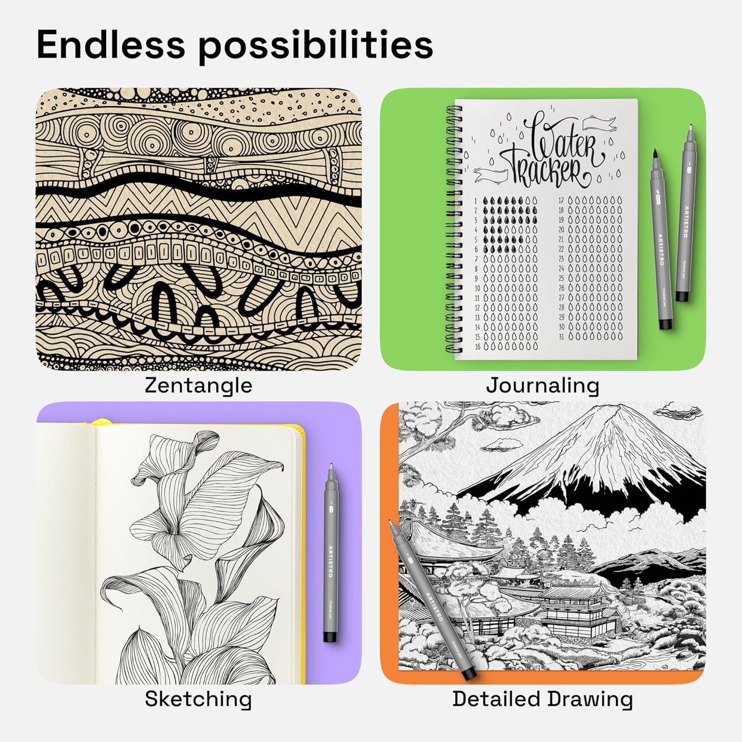 ARTISTRO Set of 9 Fineliner Pens - Black Micro Pens with Ultra Fine Tips for Drawing, Sketching, Writing, Journaling and Technical Illustration - Waterproof Archival Ink