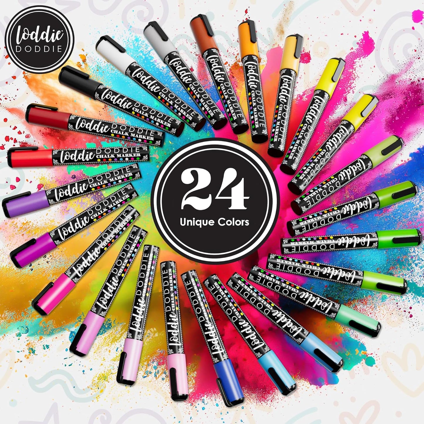 Loddie Doddie Liquid Chalk Markers (24-Pack) - Dust-Free Erasable Pens for Windows, Glass, Chalkboard & Blackboard - 6mm Reversible Bullet & Chisel Tip